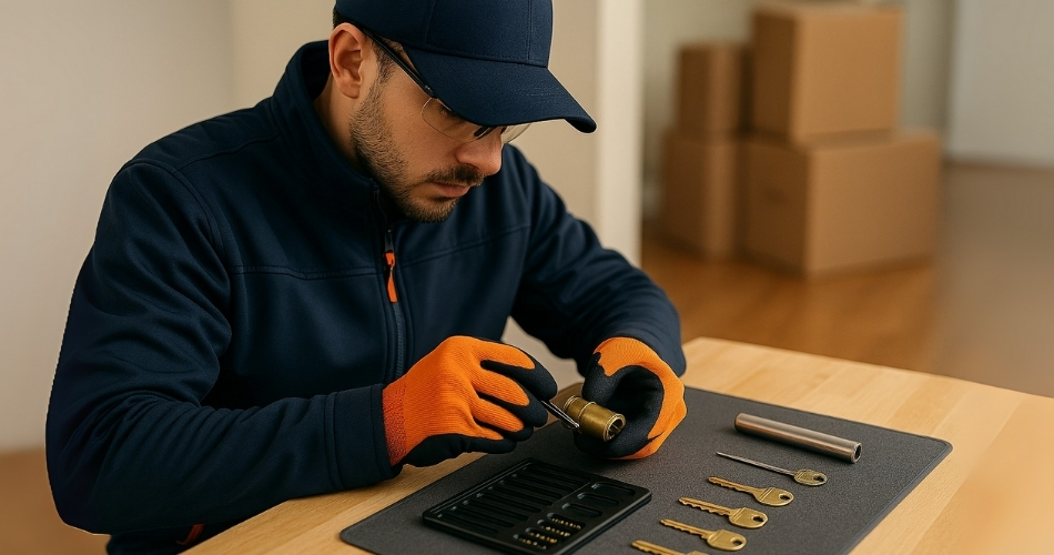 Mobile key cutting and testing inside a locksmith van in St. Paul