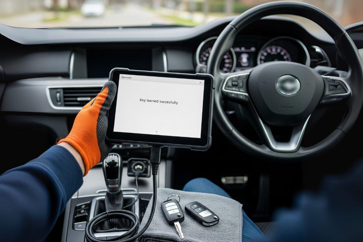 Key fob programming with handheld device during a curbside visit in West St. Paul, 55118