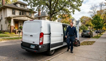 Mobile locksmith St Paul service van parked outside a residential home